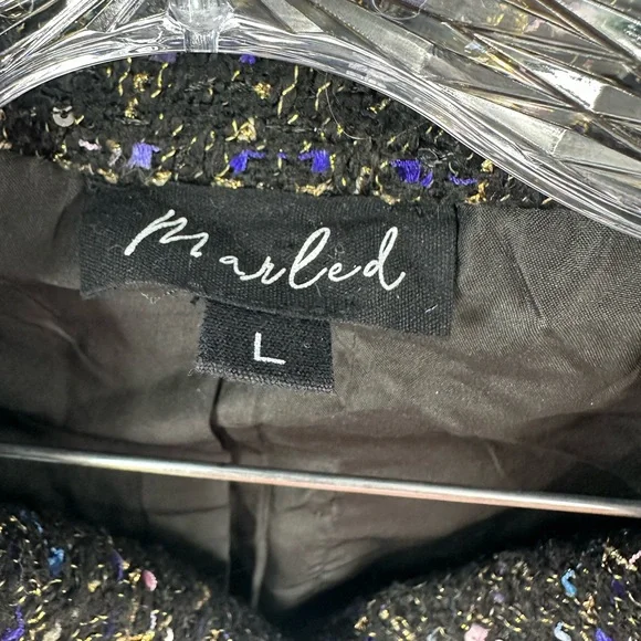 Marled Black Tweed Cropped Jacket Gold Button Boucle Blazer Size Large - Picture 3 of 4